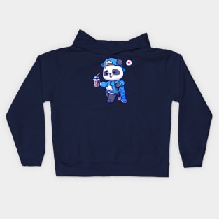 Cute Panda Drink Boba Milk Tea With Skateboard Cartoon Kids Hoodie